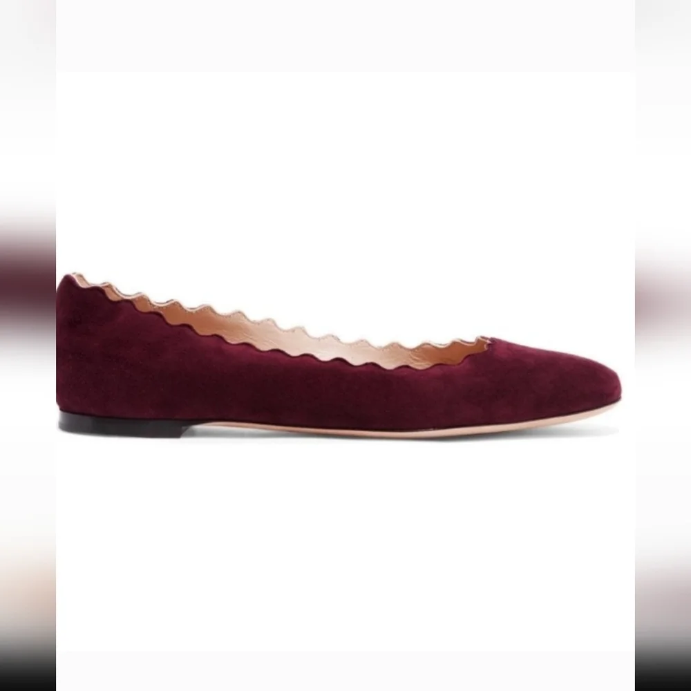 Chloe | Lauren Suede Scalloped Burgundy‎ Suede Flats 7.5